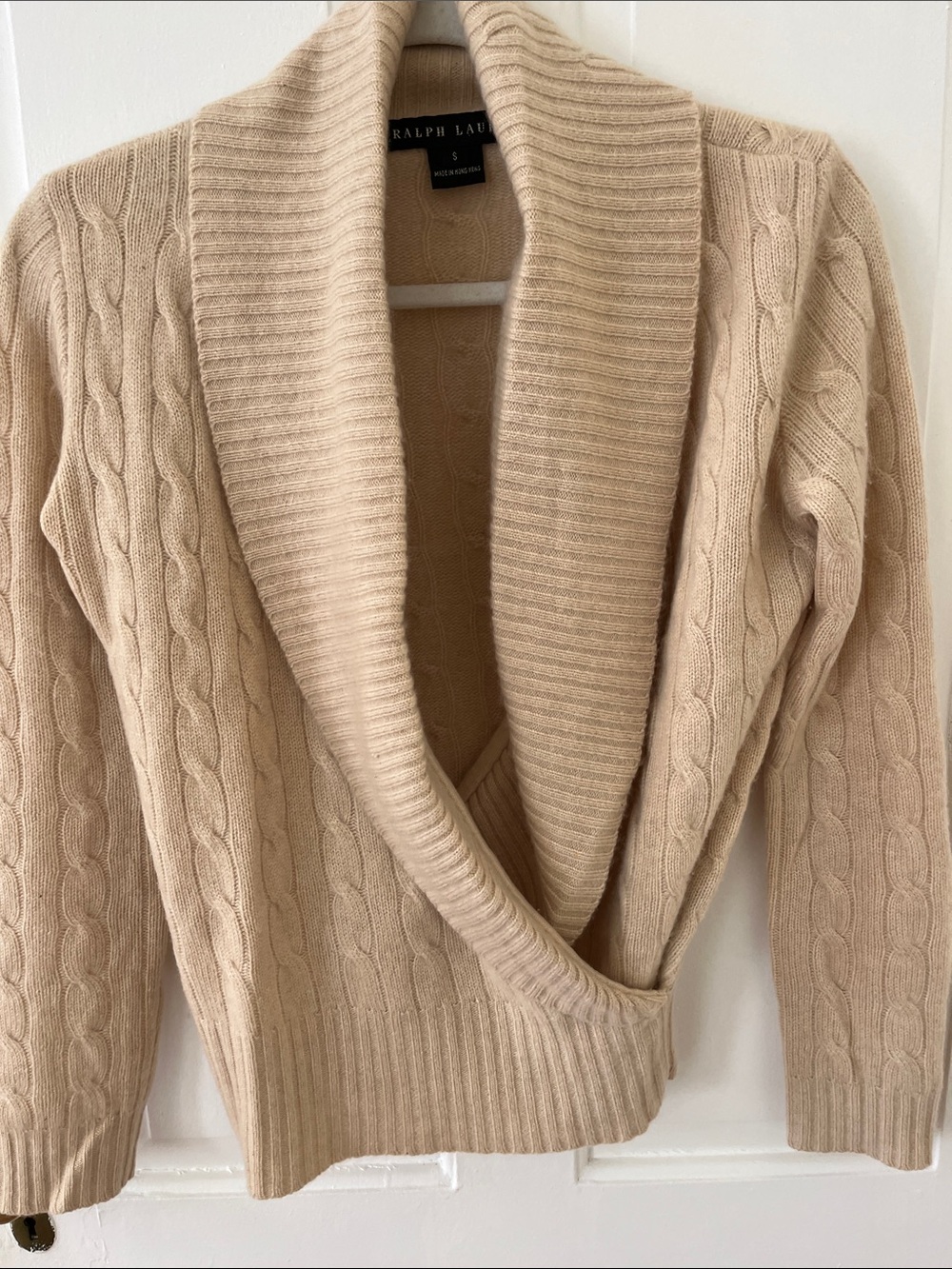 Ralph Lauren Black Label 100% Cashmere Camel Cable-Knit Shawl Collar Sweater